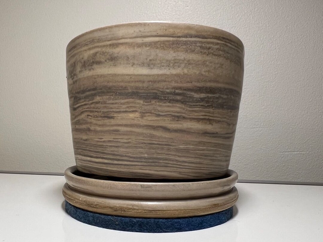 4 Inch Handmade Ceramic Planter With Saucer, Swirl Clay Body two Pieces