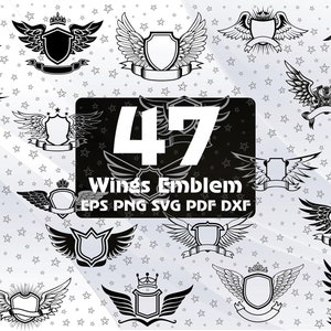 Może przedstawiać: Zestaw 47 czarno-białych ilustracji wektorowych ze skrzydlatymi emblematami. Każdy emblemat zawiera tarczę z koroną i banerem. Emblematy idealnie nadają się do użycia w brandingu, projektowaniu i innych projektach kreatywnych.