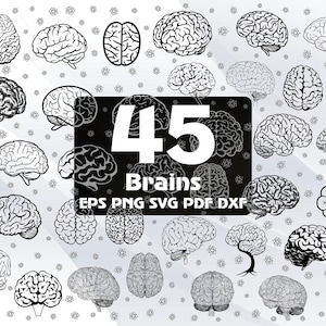 Puede incluir: Una ilustración digital en blanco y negro de 45 formas de cerebro diferentes. La imagen está sobre un fondo blanco con una caja negra en el centro que dice "45 Brains EPS PNG SVG PDF DXF".