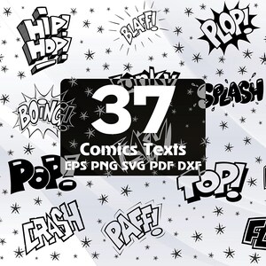 Może przedstawiać: Czarno-biała ilustracja 37 różnych efektów dźwiękowych komiksowych, w tym "Pow!" "Boom!" "Zap!" i "Thwoom!" Tekst "Comics Texts" jest również zawarty, wraz z dostępnymi formatami plików do pobrania: EPS, PNG, SVG, PDF i DXF.