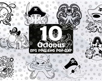 Clipart de pulpo pirata, arte vectorial costero (descarga digital SVG, EPS y PNG)