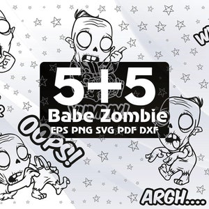 Puede incluir: Ilustración digital en blanco y negro de cinco bebés zombies con diferentes expresiones. El texto "5+5 Babe Zombie" está en el centro de la imagen. El texto "Trick or Treat!" está debajo de uno de los zombies. El texto "What?" está encima de otro zombie. El texto "Oops!" está a la izquierda de otro zombie. El texto "Argh..." está debajo de otro zombie.