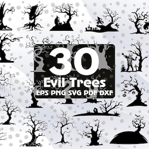 May include: A set of 30 black and white silhouette images of spooky trees. The images are perfect for Halloween crafts, decorations, and digital projects. The text "30 Evil Trees" is displayed in the center of the image. The text "EPS PNG SVG PDF DXF" is displayed below the text "30 Evil Trees".