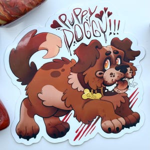 May include: A sticker featuring a cartoon dog with brown and tan fur, a yellow collar tag that says "CUJO", and the words "PUPPY DOGGY!!!" in a playful font. Red hearts and lines accent the design.