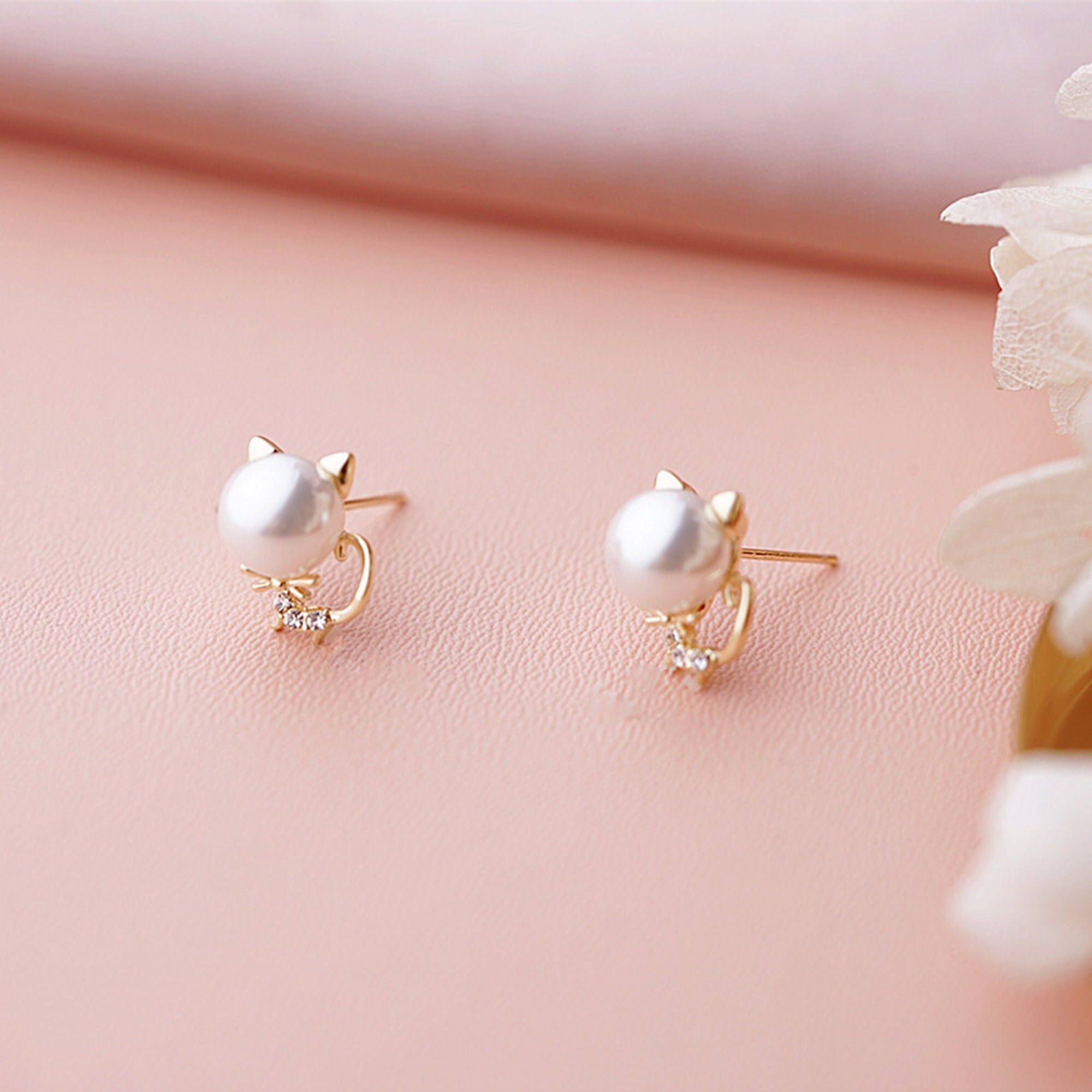 Pearl Cat Stud Earrings Sterling Silver Cat Stud Earrings - Etsy Canada