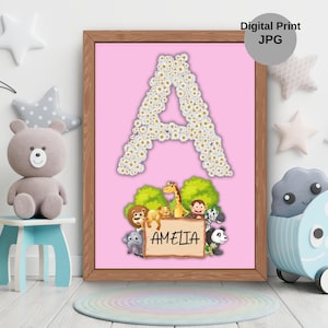 Custom girl Nursery Decor,Customized Letter Printable Poster, Made to Order, Floral and animal Nursery Print
