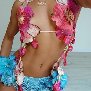 Muxaxa Top- handmade embroidered floral flower bikini top bra, festival rave vacation resort eclectic beach for her, pink, red
