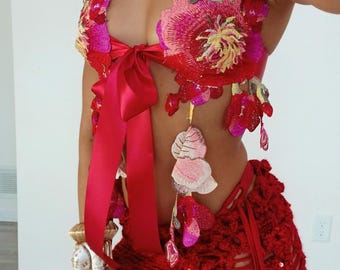 I Wish You Roses Bra - floral top bikini, flower, orchid, y2k, festival, rave, raver, beach vacation resort handmade