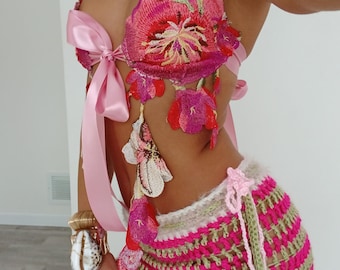 I Wish You Roses Bra in pink - floral top bikini, flower, orchid, y2k, festival, rave, raver, beach vacation resort handmade