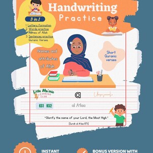 Pode incluir: Folha de exercícios de prática de escrita com o texto "Handwriting Practice" e "3 em 1". A folha de exercícios inclui letras, palavras, frases e versículos do Alcorão. A imagem também inclui o texto "Nomes e atributos de Allah" e "Versículos curtos do Alcorão".
