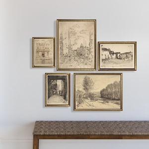 Vintage gallery wall set I Vintage gold framed wall art print I Vintage landscape painting I Rustic Farmhouse decor  I Vintage drawing print