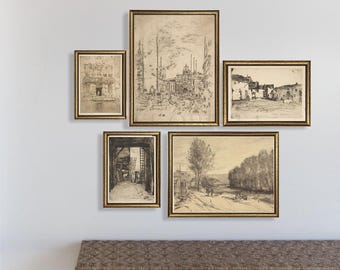 Vintage gallery wall set I Vintage gold framed wall art print I Vintage landscape painting I Rustic Farmhouse decor  I Vintage drawing print