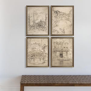 Vintage gallery wall set I Vintage gold framed wall art print I Vintage landscape painting I Rustic Farmhouse decor  I Vintage drawing print