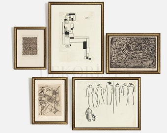 Vintage gallery wall set I Vintage gold framed wall art print I Vintage absract gallery wall I Farmhouse decor  I Vintage abstract drawing