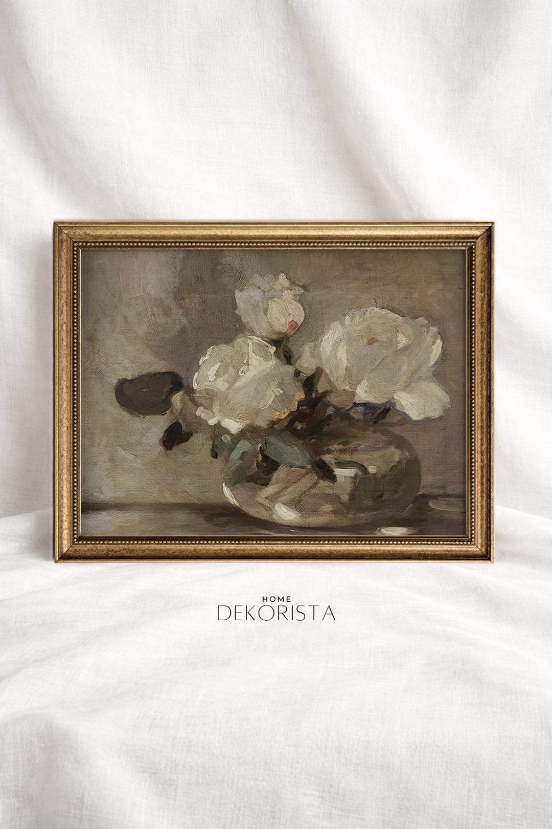 Vintage White Rose Painting Print, Soft Neutral Floral Still Life ...