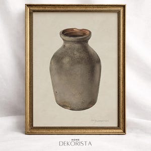 Vintage Rustic Pottery Vase Print, Antique Ceramic Jar Artwork Rustic Kitchen Decor