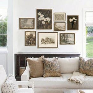 Conjunto de galería de pared con paisaje en tonos beige vintage, arte floral