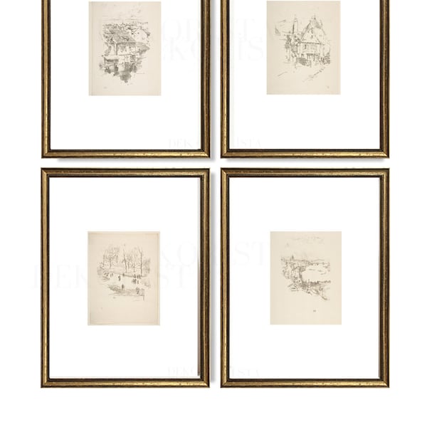 Vintage gallery wall set I Vintage gold framed wall art print I Vintage landscape painting I Rustic Farmhouse decor  I Vintage drawing print