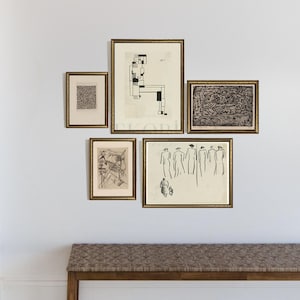 Vintage gallery wall set I Vintage gold framed wall art print I Vintage absract gallery wall I Farmhouse decor  I Vintage abstract drawing