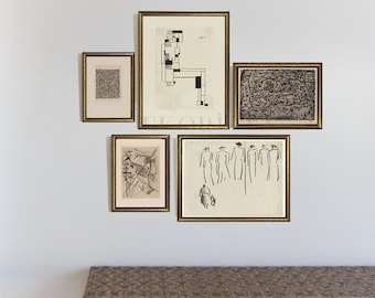 Vintage gallery wall set I Vintage gold framed wall art print I Vintage absract gallery wall I Farmhouse decor  I Vintage abstract drawing