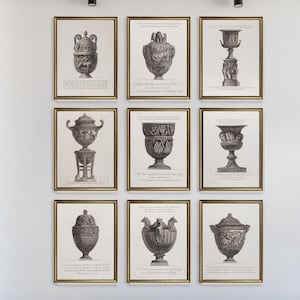 Vintage gallery wall set, Vintage gold framed wall art print, Vintage vase drawing , Classic  decor , Vintage drawing art print