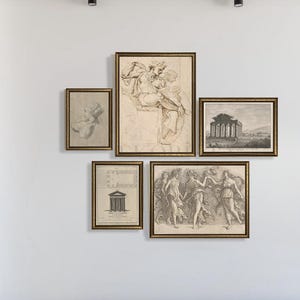 Vintage gallery wall set I Vintage gold framed wall art print I Vintage portrait drawing I Classical gallery wall decor
