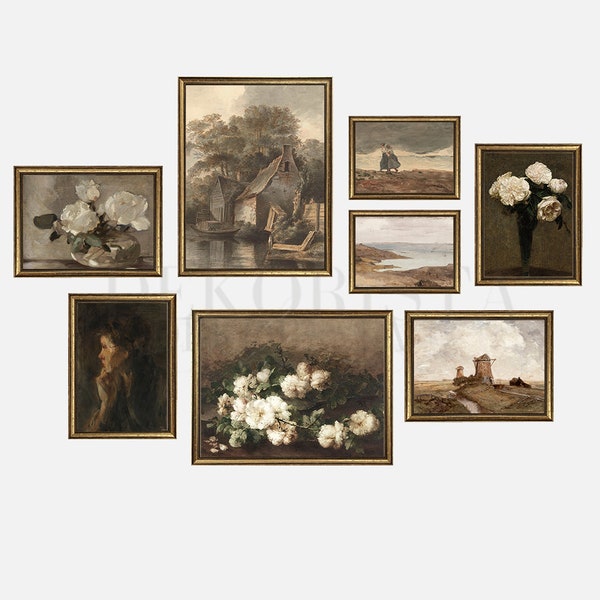 Vintage gallery wall set I Vintage gold framed wall art print I Vintage landscape painting I Rustic Farmhouse decor  I Vintage flower print