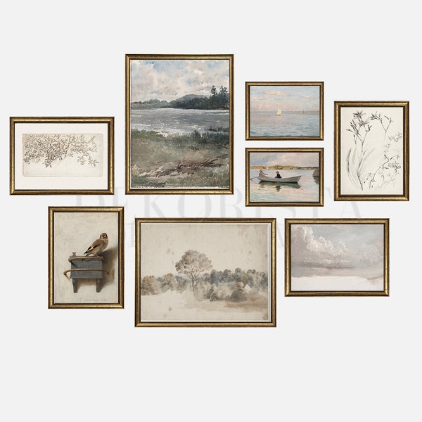 Vintage gallery wall set I Vintage gold framed wall art print I Vintage landscape painting I Rustic Farmhouse decor  I Vintage drawing print