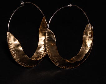 Organic Gold Leaf Hoops - Large Sterling Silver and Brass Handmade Hoop Earrings