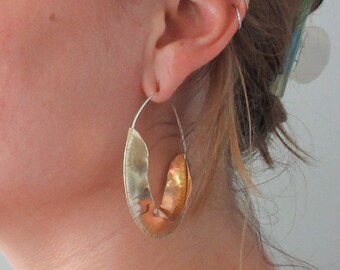 Organic Gold Leaf Hoops - Large Sterling Silver and Brass Handmade Hoop Earrings