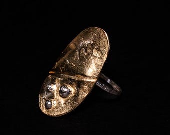 Hand-Forged Brass Statement Ring: Textured Silver Elements