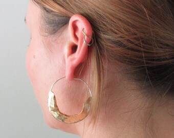 Organic Leaf Hoop Earrings - Sterling Silver and Brass Handmade Sculptural Earrings, Lightweight Statement Pair