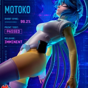 Könnte beinhalten: Eine blauhaarige Motoko-Figur in einem weißen Body und gelben Shorts mit angeschlossenen Kabeln vor einem digitalen blauen Hintergrund mit dem Text: SECTION 9, MOTOKO, GHOST SYNC: 99.2%, PRINT TEST: PASSED, RELEASE: IMMINENT, PATREON H3LL CREATOR.