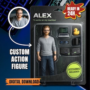 Puede incluir: Una figura de acción personalizada de un hombre llamado Alex, empaquetada en un blíster transparente. La figura lleva una camisa gris de manga larga y vaqueros. Los accesorios incluyen un portátil, gafas, un patito de goma, una taza y dos teclados. El texto del paquete dice "ALEX", "It works on my machine" y "¡Accesorios incluidos!"