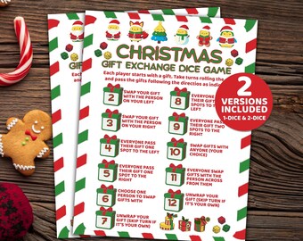 May include: Two Christmas Gift Exchange Dice Game printables. The game instructions are on a white background with red and green striped borders. The game includes 1-dice and 2-dice versions. Festive illustrations of Santa, elves, and gifts are included.