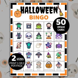 May include: A Halloween Bingo game card with a black and orange border. The card features various Halloween-themed illustrations, including a pumpkin, witch, and haunted house. The text "Halloween Bingo" is at the top, with "50 Unique Cards" in a circle.