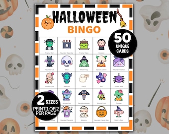 Può includere: Una scheda del gioco del Bingo di Halloween con un bordo nero e arancione. La scheda presenta varie illustrazioni a tema Halloween, tra cui una zucca, una strega e una casa infestata. Il testo "Halloween Bingo" è in alto, con "50 carte uniche" in un cerchio.