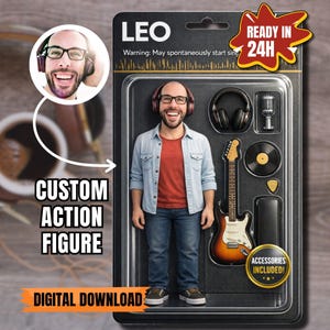 Puede incluir: Un paquete de figuras de acción personalizadas etiquetado como "LEO" con accesorios. El paquete incluye una figura de un hombre con auriculares, un micrófono, una guitarra, un disco de vinilo y una púa. El texto dice "Ready in 24H" y "Accessories Included!"