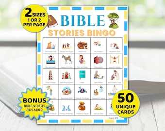 Bible Bingo Game, 50 Bible Bingo Cards, Bible Stories Bingo, Bible Activity for Kids, Sunday School Game, Bible Study Kids, Printable PDF
