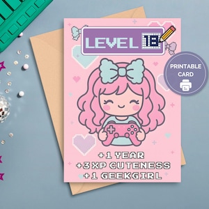 Carte d'anniversaire jeu vidéo imprimable, carte d'anniversaire gamer imprimable, pour adolescent, pour fille, jeu vidéo, gamer girl, téléchargement numérique