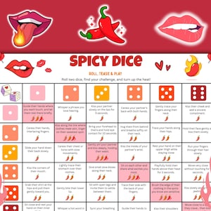 May include: A red and white board game titled "Spicy Dice" with instructions for couples. The game features dice, illustrations of lips, and chili peppers. The game is designed to be played by rolling dice and following the instructions.