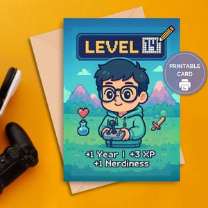 Buon compleanno, biglietto di auguri "Leveled Up", biglietto di auguri stampabile per giocatori, busta A7, pixel art kawaii per giochi di ruolo, biglietto da gioco per lui, biglietto da videogioco