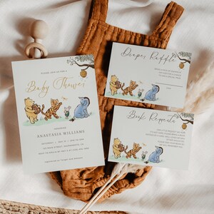Digitale Winnie de Poeh-babyshoweruitnodiging, luierloterij en boekverzoekkaartenset, klassieke Pooh-babyshower afdrukbare, Instant Download