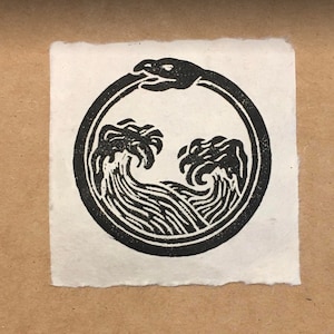 Jormungandr original Lino Cut - World Serpent - Ouroboros - Lokta Paper and Black Ink