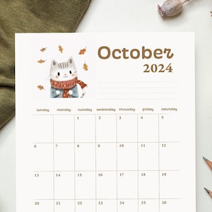 Calendario di ottobre per il 2024 Calendario per gli amanti dei gatti Calendario per il download digitale Calendario stampabile per il calendario con illustrazioni di gatti carini