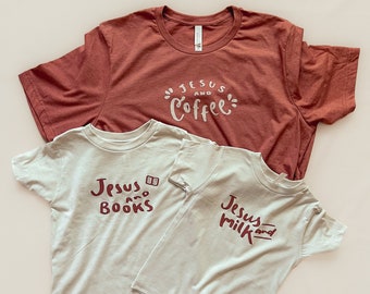 Jesus and Custom Books Milk Coffee Family Matching Shirts for Toddler Boy Girl Christian Matching Outfits for Mama and Daddy Natural Tshirt