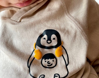 Organic Cotton Baby Boy Girl Toddler Penguin Hooded Pullover for Gender Neutral Kids Long sleeve breathable shirts for mom gift