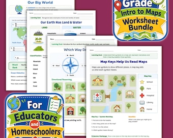 1st Grade Map Skills Worksheets | Geography & Social Studies Printable | Maps, Compass Rose and Directions | Homeschool Activities
