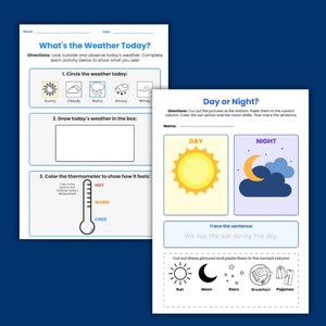 May include: Two educational worksheets on a blue background. One worksheet asks "What's the Weather Today?" with weather icons and a thermometer. The other is "Day or Night?" with sun and moon illustrations and a sentence to trace. Includes cut-out pictures.