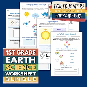 Può includere: Un pacchetto di fogli di lavoro di scienze della Terra per studenti di 1a elementare. I fogli di lavoro trattano argomenti come il cielo, il giorno e la notte e le stagioni. Il pacchetto include illustrazioni colorate e testo.